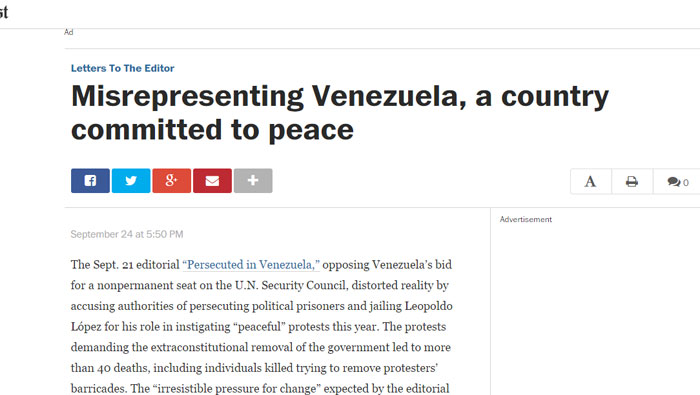 La respuesta de Venezuela al The Washington.  (Foto: Washington Post)