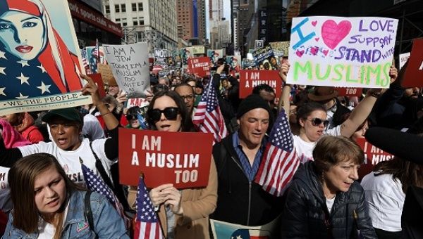 People take part in an "I am Muslim Too" rally in Times Square Manhattan, New York, U.S. 