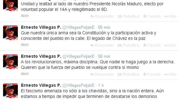 A través de su cuenta en Twitter, Villegas pidió el cese a la violencia y la restauración de la paz en el país. (Foto: @VillegasPoljakE)