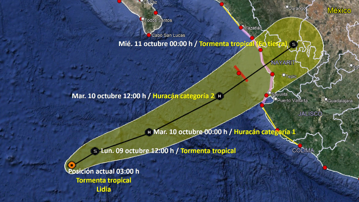 Este lunes se espera que Lidia se desarrolle hasta huracán categoría 1, con vientos de 119 a 153 km por hora.